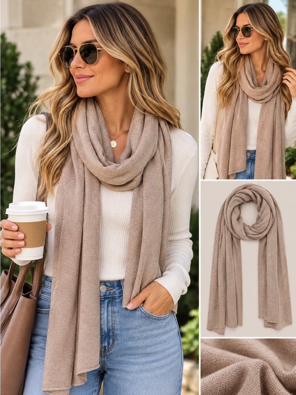 J. Jill Neutral Taupe Lightweight Knit Scarf Cotton Blend 20x86 inches long